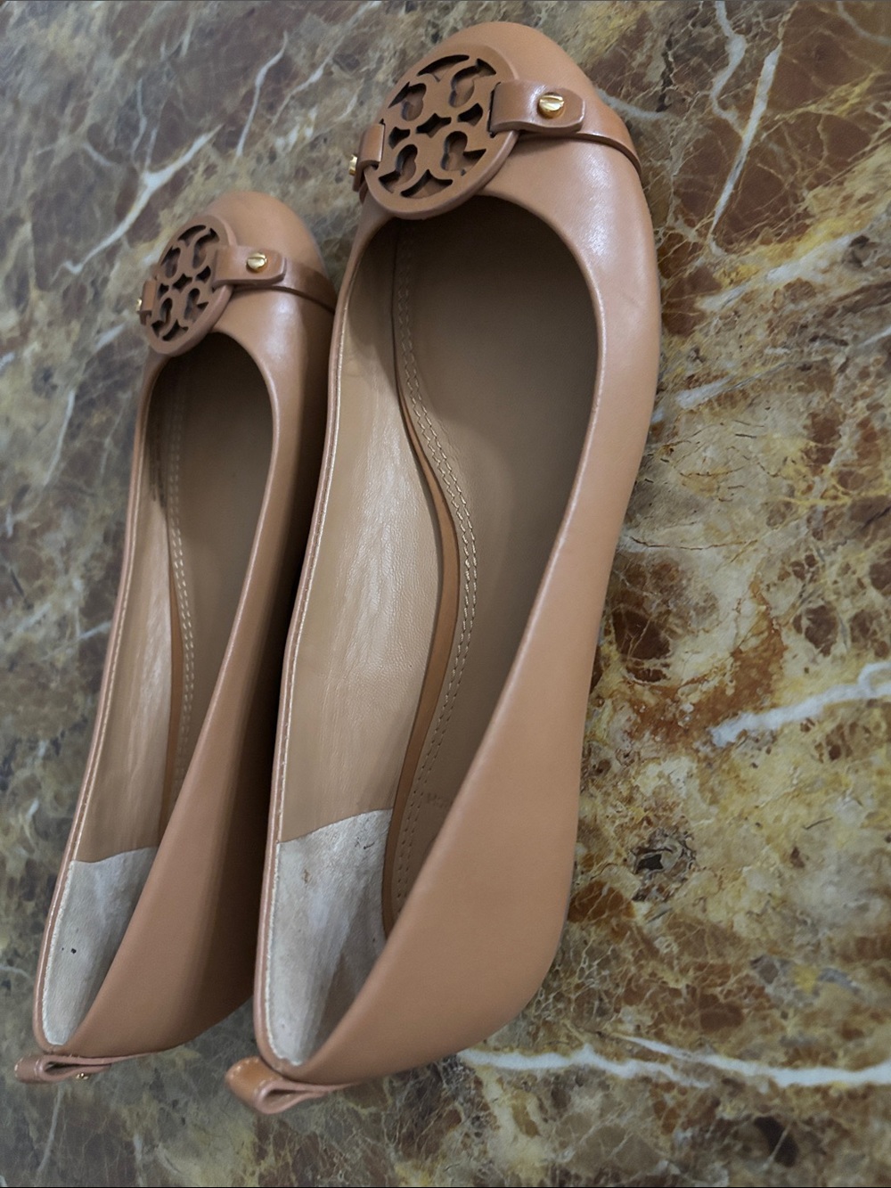 Tory Burch Cognac Leather Logo Ballet Flats - Picture 2 of 7